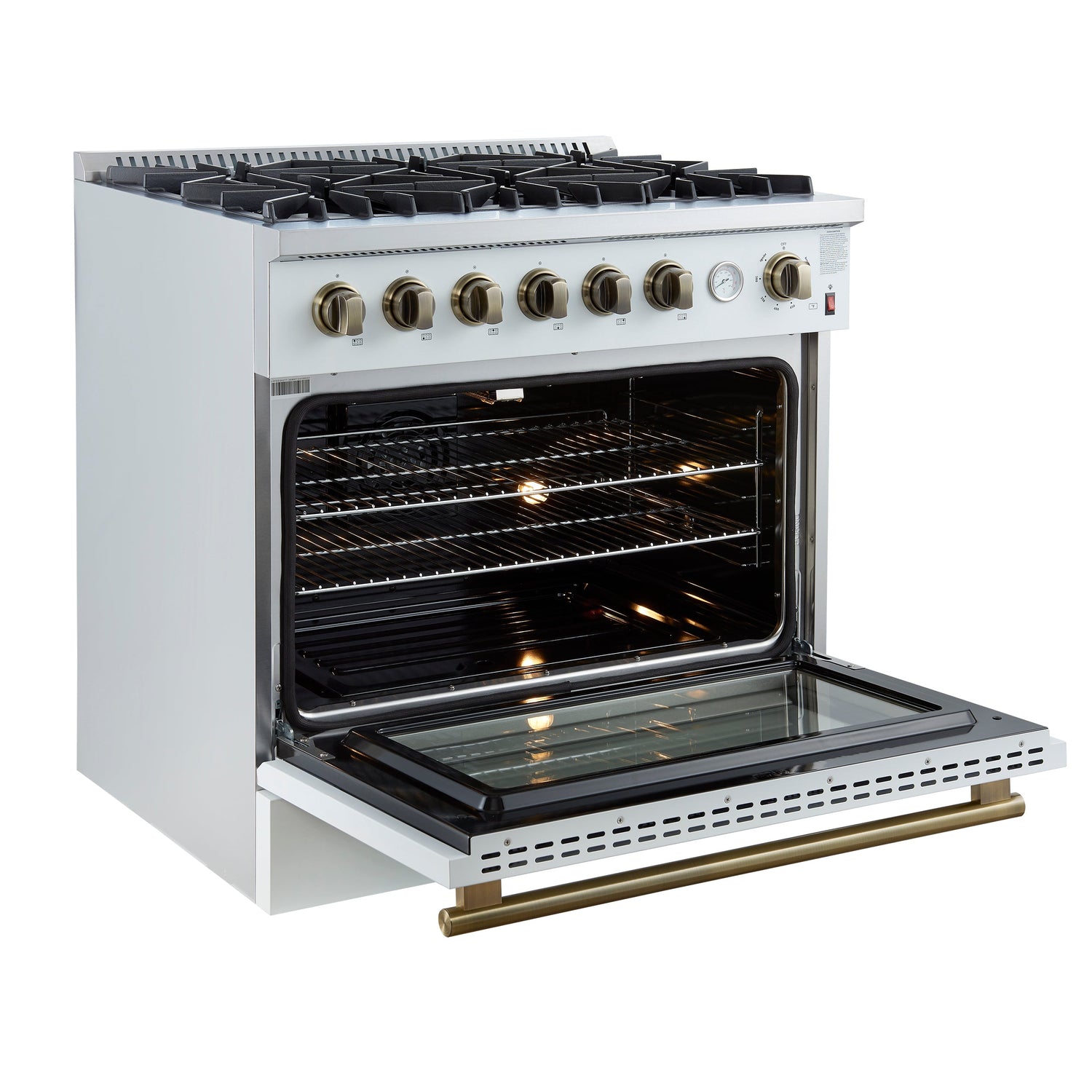 FORNO Marco 36" 5.36 cu.ft. Gas Range with 6 Burners and Temperature Gauge in White with Antique Brass Accents, FFSGS6277-36WHT
