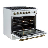 FORNO Marco 36" 5.36 cu.ft. Gas Range with 6 Burners and Temperature Gauge in White with Antique Brass Accents, FFSGS6277-36WHT