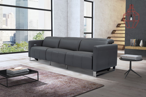 Valencia Isla Modern Top Grain Leather Reclining Sofa, Three Seats, Grey