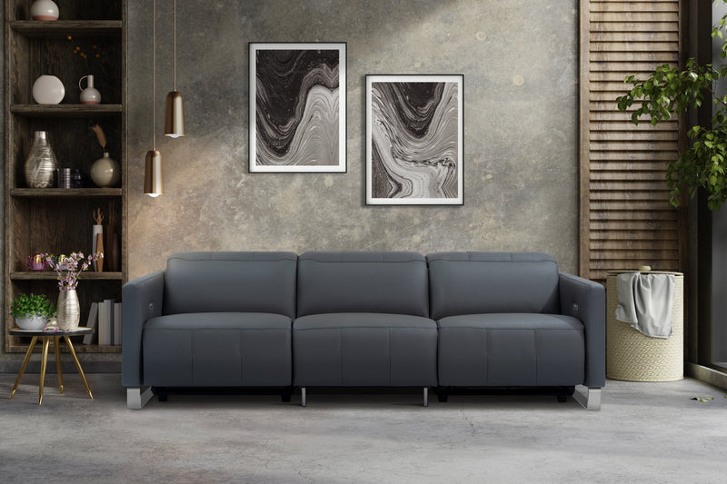 Valencia Isla Modern Top Grain Leather Reclining Sofa, Three Seats, Grey