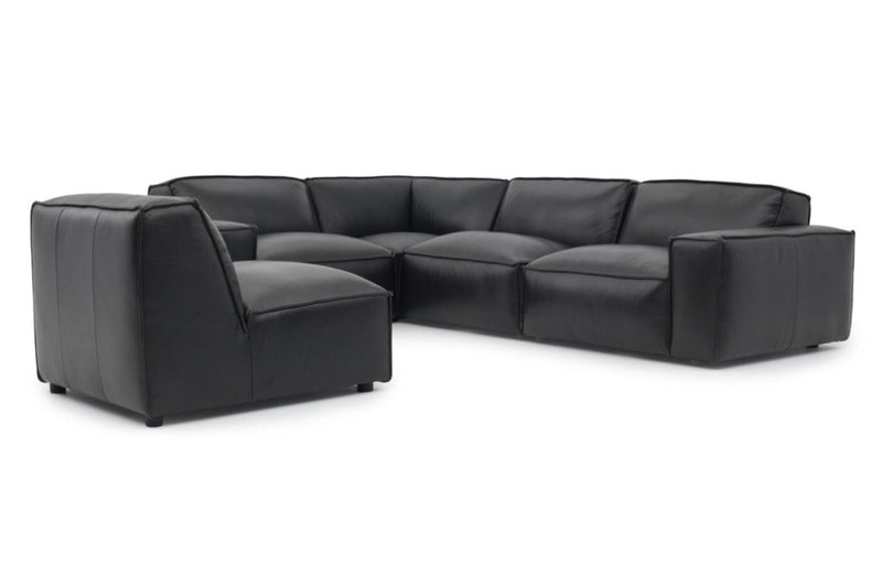 Valencia Nathan Full Aniline Leather Modular Sofa with Down Feather, L-Shape, Black Color