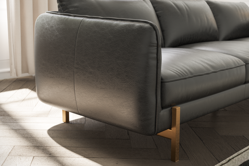 Valencia Gabriele Leather Three Seats Sofa with Brass Finished Legs, Black Color