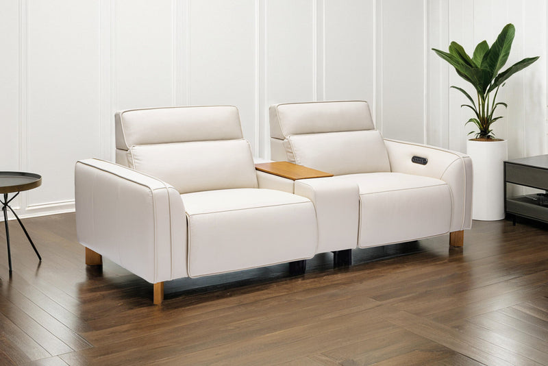 Valencia Lesley Top Grain Leather Loveseat with Console Recliner Sofa, Beige