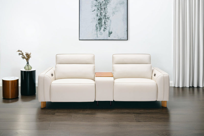 Valencia Lesley Top Grain Leather Loveseat with Console Recliner Sofa, Beige