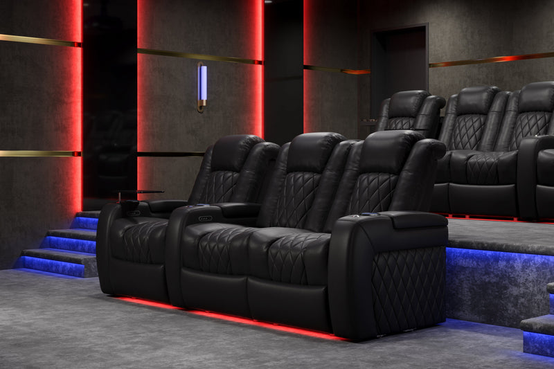Valencia 2025 New Tuscany Leather Home Theater Seating Row of 4 Loveseat Left, Midnight Black