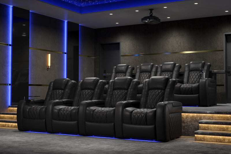 Valencia 2025 New Tuscany Leather Home Theater Seating Row of 4 Loveseat Left, Midnight Black
