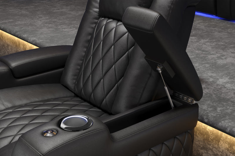 Valencia 2025 New Tuscany Leather Home Theater Seating Row of 4 Loveseat Left, Midnight Black