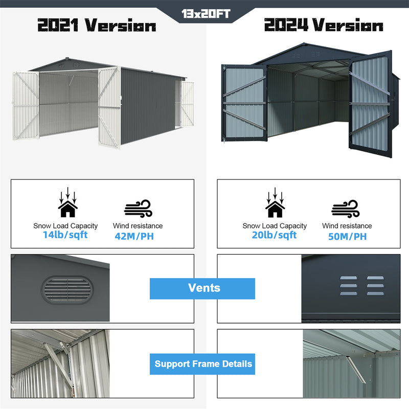 13'x20' Plus Upgraded Metal Garage Shed with Double Front Doors, Side Entry Door