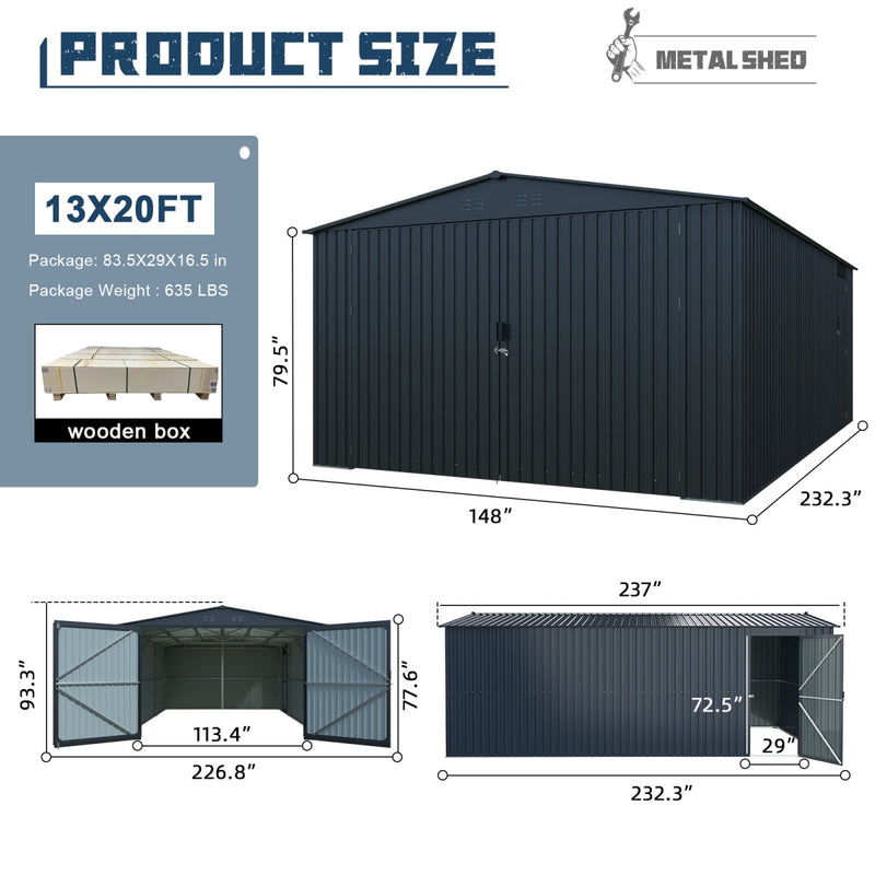 13'x20' Plus Upgraded Metal Garage Shed with Double Front Doors, Side Entry Door