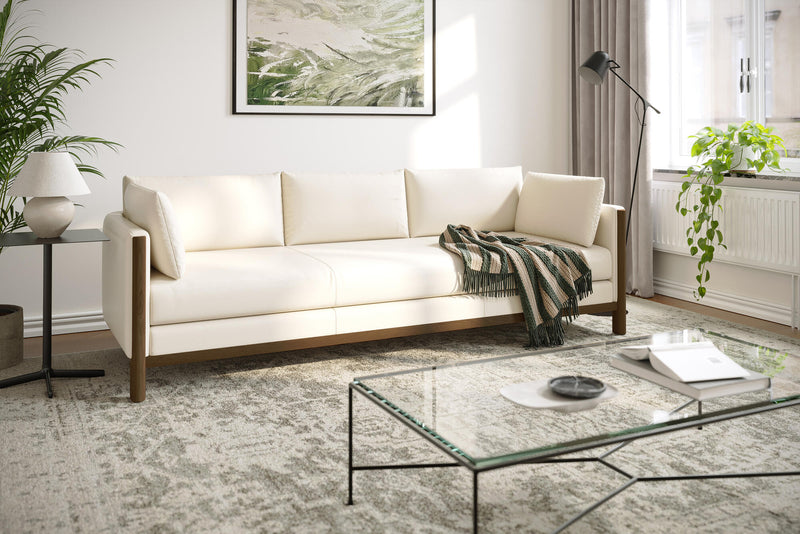 Matera Leather Three Seats Sofa with Wooden Legs, Beige