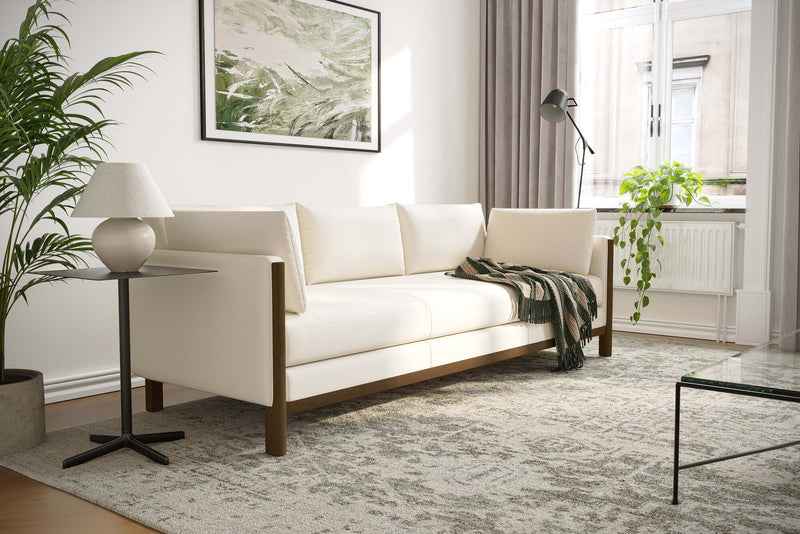 Matera Leather Three Seats Sofa with Wooden Legs, Beige