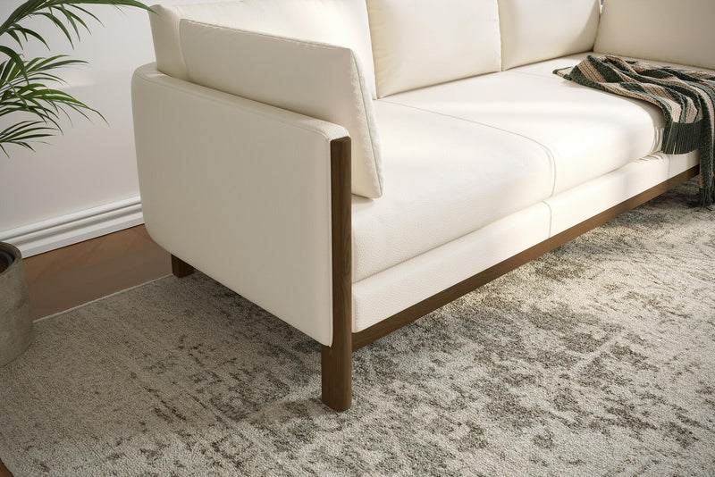 Matera Leather Three Seats Sofa with Wooden Legs, Beige