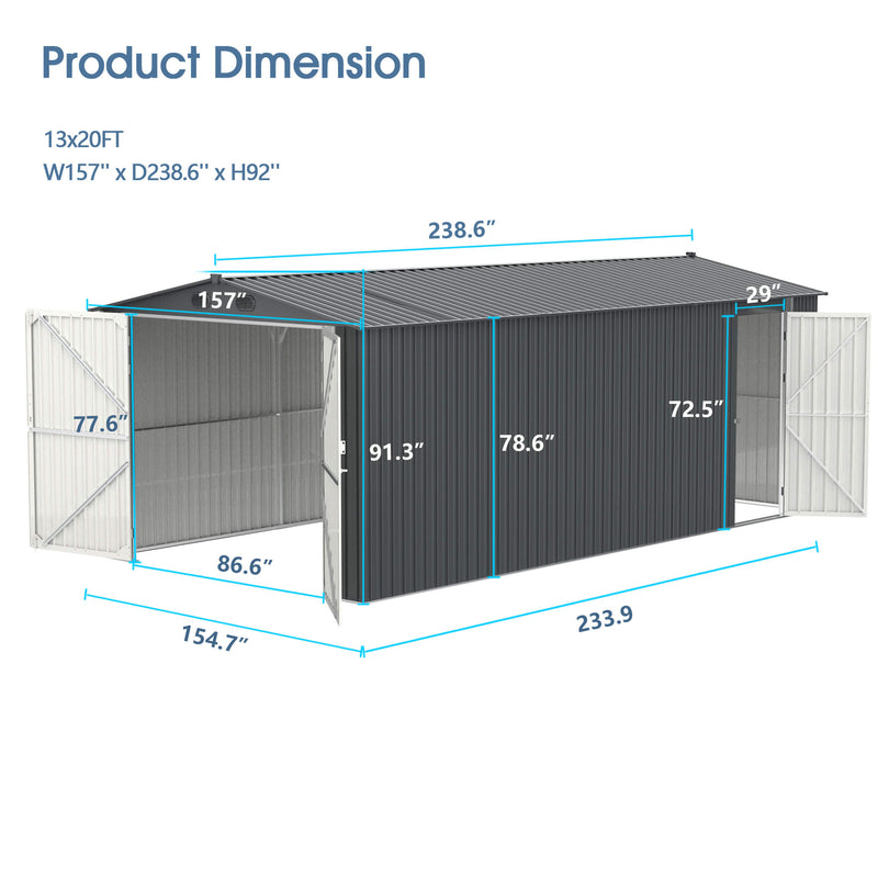 13'x20' Metal Garage Shed with Double Front Doors, Side Entry Door