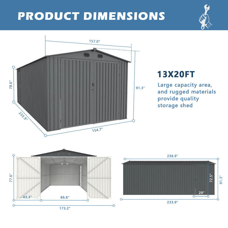 13'x20' Metal Garage Shed with Double Front Doors, Side Entry Door