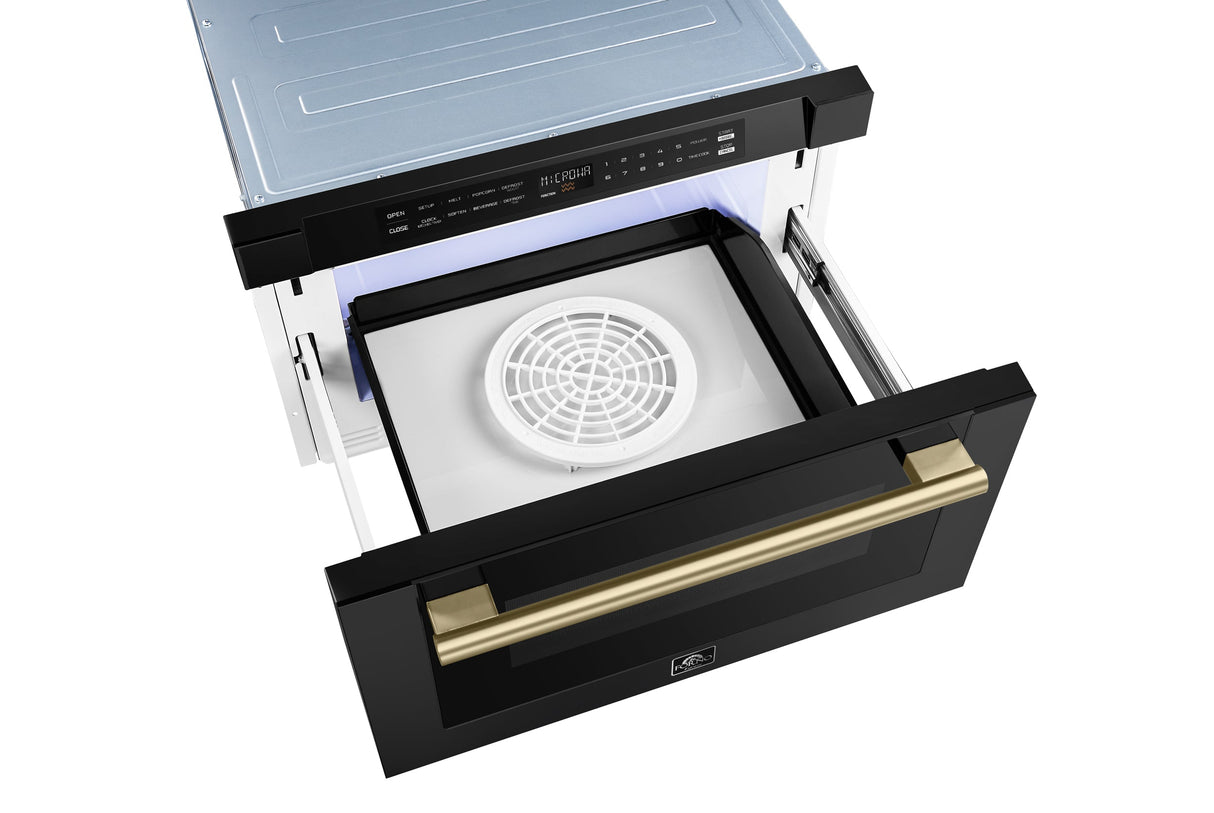 FORNO Espresso Capoliveri 24" 1.2 cu. ft. Built-In Microwave Drawer in Black with Antique Brass Handles, FMWDR3000-24BLK