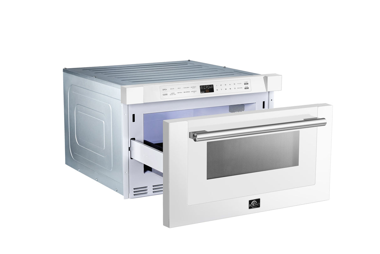 FORNO Espresso Capoliveri 24" 1.2 cu. ft. Built-In Microwave Drawer in White with Silver Handles, FMWDR3000-24WHT