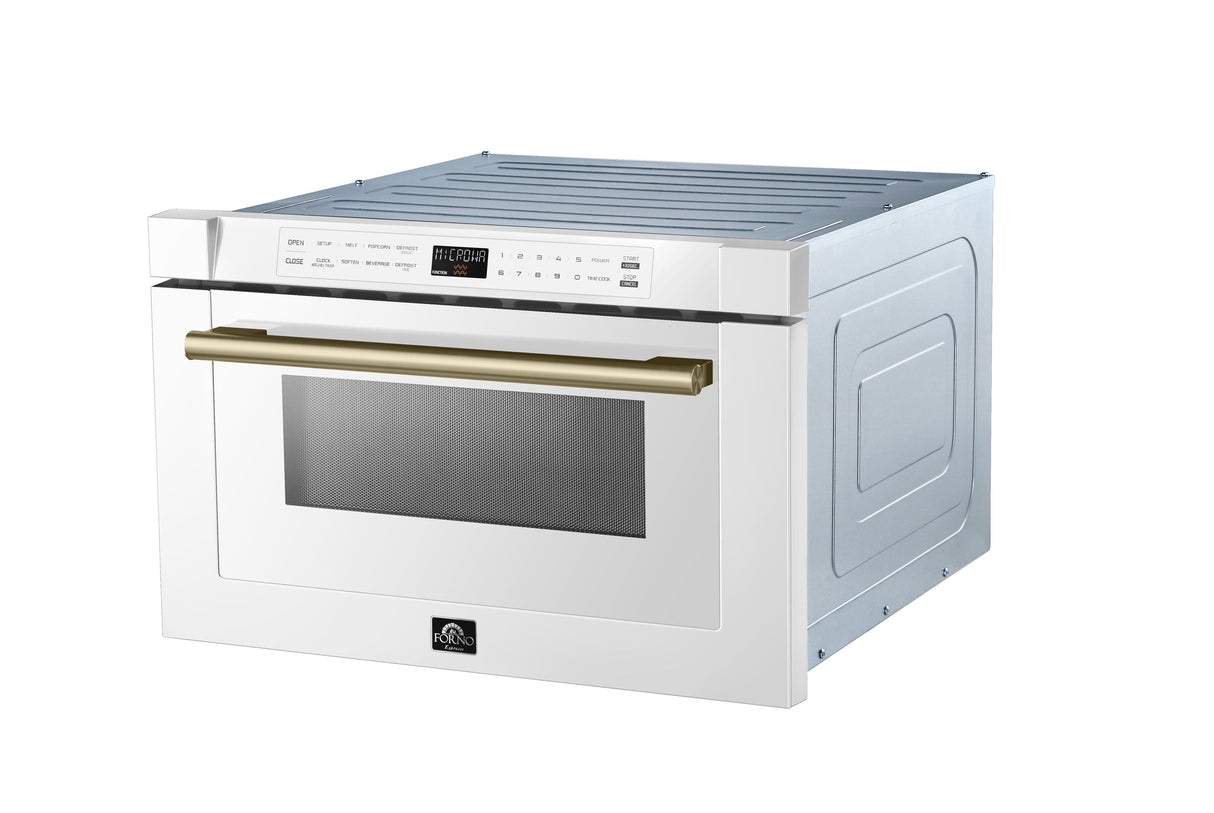 FORNO Espresso Capoliveri 24" 1.2 cu. ft. Built-In Microwave Drawer in White with Antique Brass Handles, FMWDR3000-24WHT