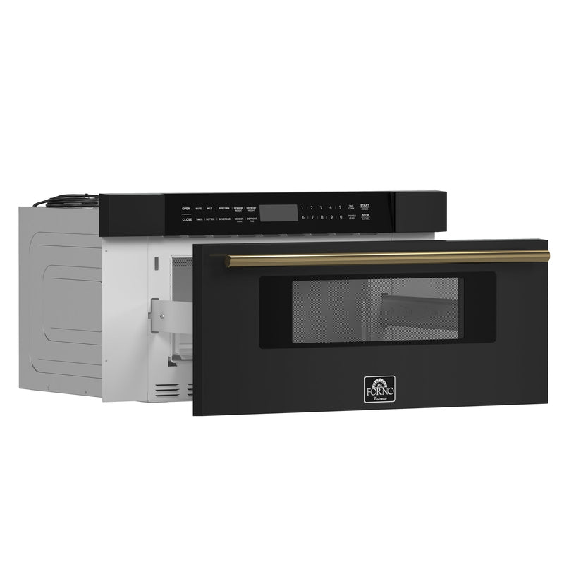 FORNO Espresso Capoliveri 30" 1.2 cu. ft. Built-In Microwave Drawer in Black with Antique Brass Handles, FMWDR3000-30BLK