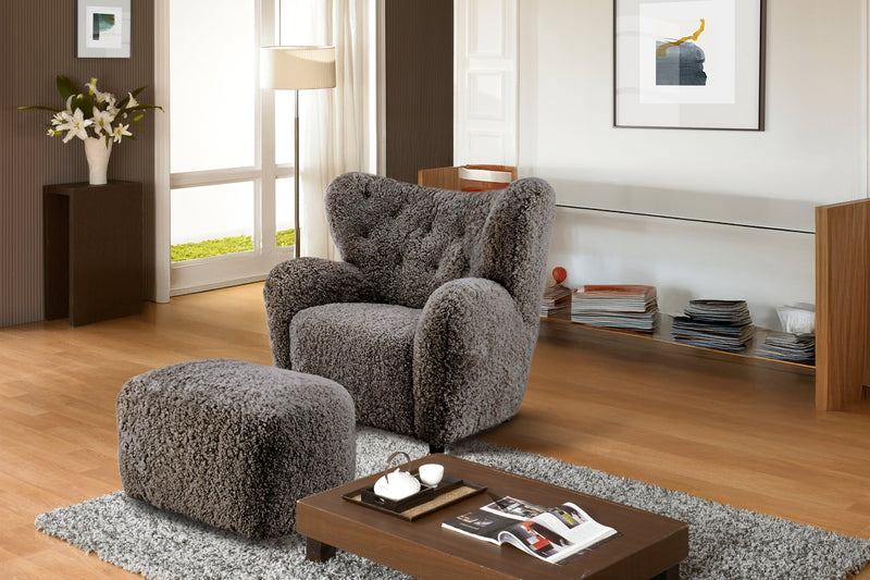 Valencia Flemming Lassen The Tired Man Lounge Chair & Footstool in Genuine Sheepskin, Coffee