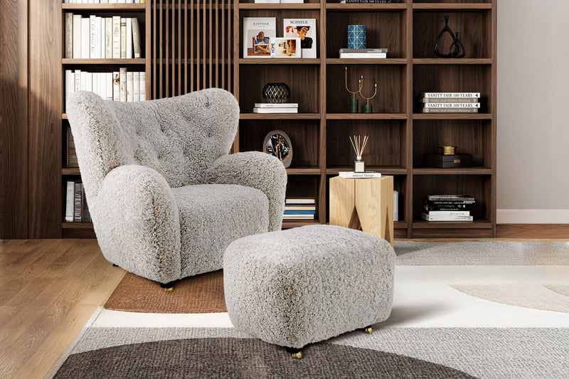 Valencia Flemming Lassen The Tired Man Lounge Chair & Footstool in Genuine Sheepskin, Light Grey