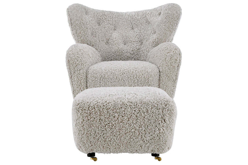 Valencia Flemming Lassen The Tired Man Lounge Chair & Footstool in Genuine Sheepskin, Light Grey