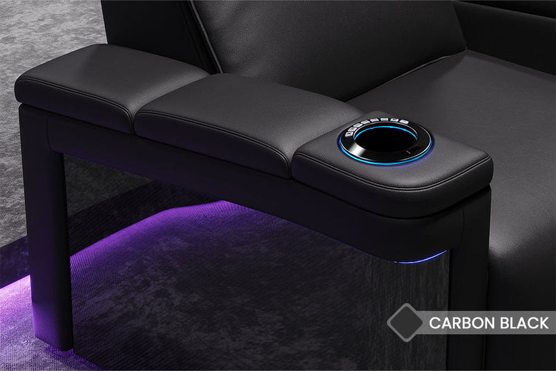 Valencia 2025 New Monza Leather Home Theater Seating With Carbon Fiber Panel Row of 4 Loveseat Left, Black