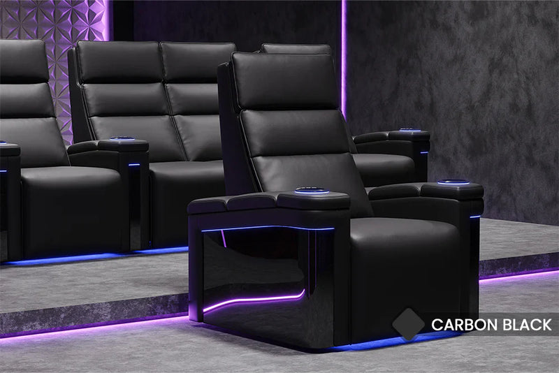 Valencia 2025 New Monza Leather Home Theater Seating With Carbon Fiber Panel Row of 4, Black