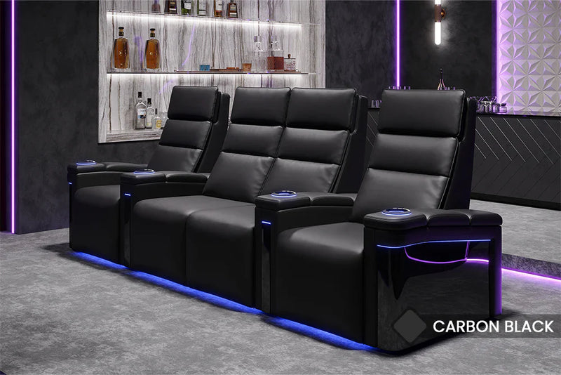 Valencia 2025 New Monza Leather Home Theater Seating With Carbon Fiber Panel Row of 4, Black
