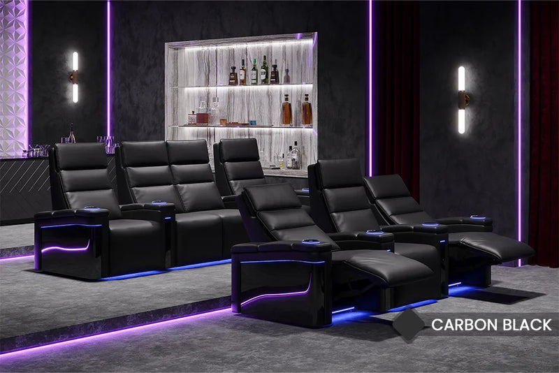 Valencia 2025 New Monza Leather Home Theater Seating With Carbon Fiber Panel Row of 4, Black