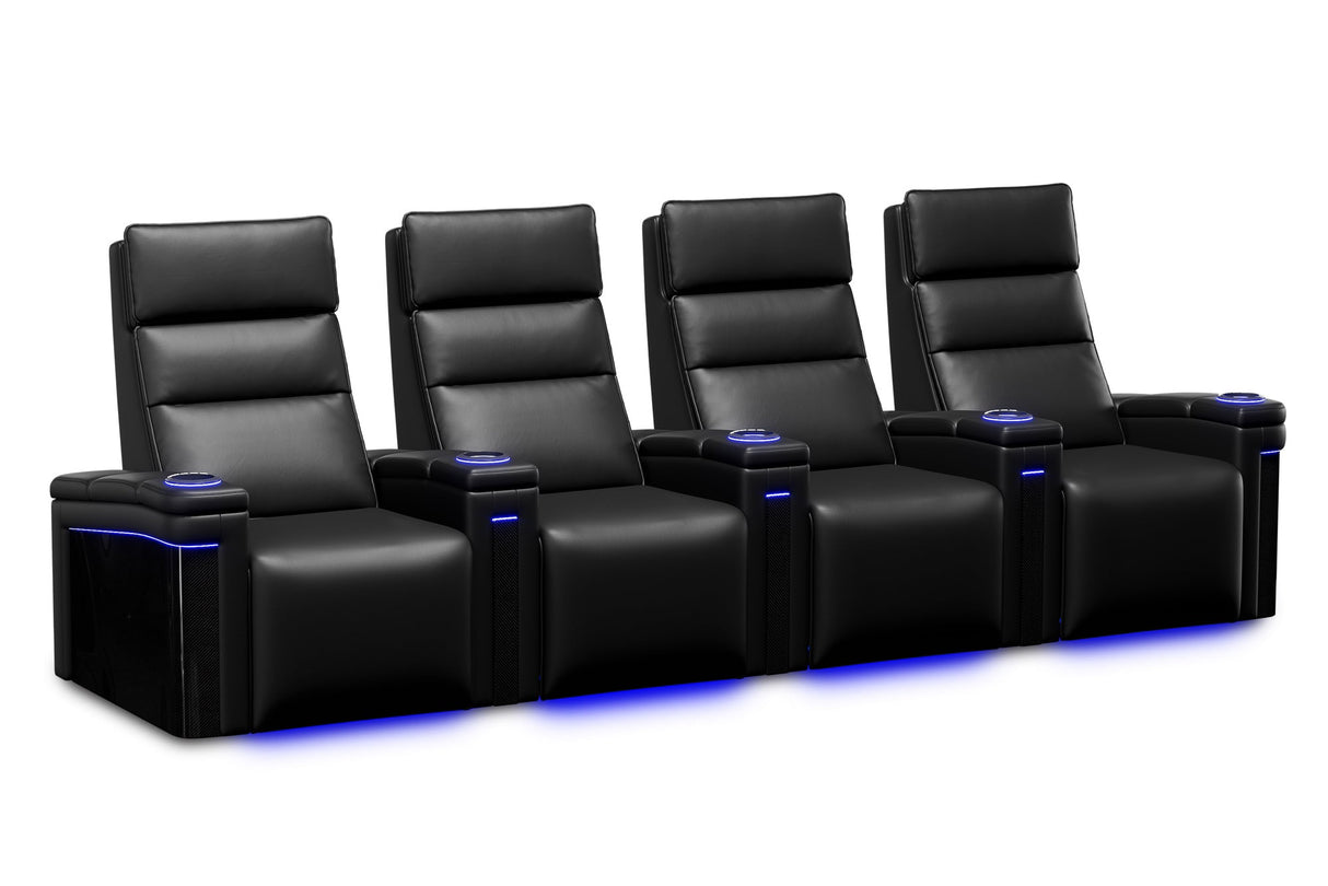 Valencia 2025 New Monza Leather Home Theater Seating With Carbon Fiber Panel Row of 4, Black