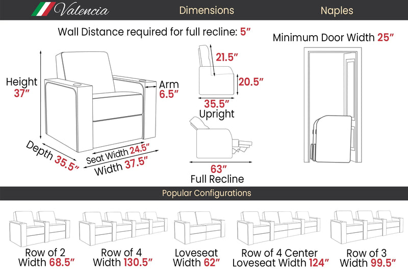 Valencia Naples Prestige Home Theater Seating Row of 4 Loveseat Left, Raven