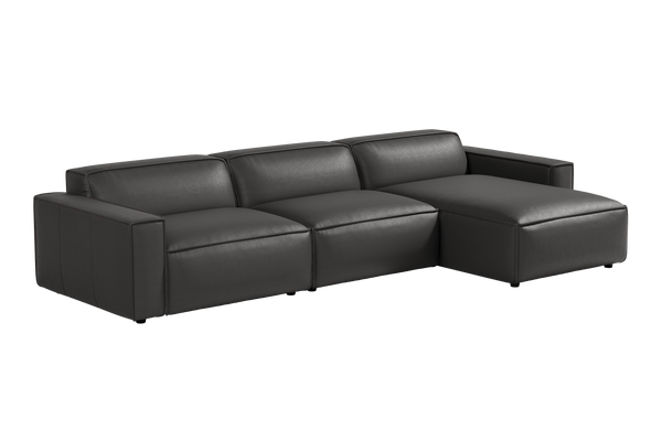 Valencia Nathan Full Aniline Leather Media Lounge Right Chaise Modular Sofa with Down Feather Fill, Black