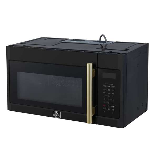 FORNO Fornace 30" 1.5 cu. ft. 300 CFM Over The Range Microwave in Black with Antique Brass Accents, FOTR3038-30BLK