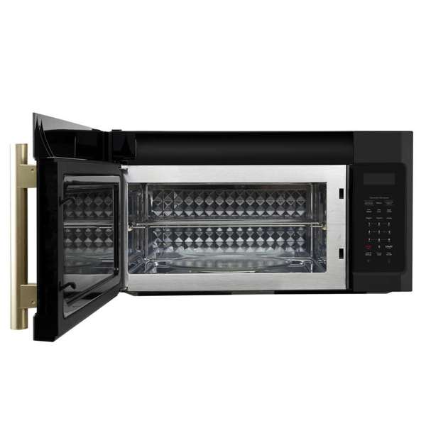 FORNO Fornace 30" 1.5 cu. ft. 300 CFM Over The Range Microwave in Black with Antique Brass Accents, FOTR3038-30BLK