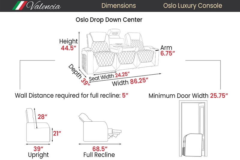 Valencia Oslo Luxury Console Home Theater Seating Console Row of 3 Dropdown Center, Onyx