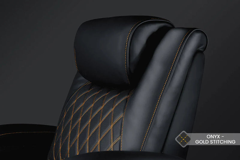 Valencia 2025 New Oslo Ultimate Luxury Leather Home Theater Seating Row of 2 Loveseat, Onyx with Gold Stitching