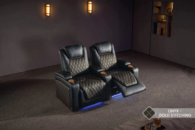 Valencia 2025 New Oslo Ultimate Luxury Leather Home Theater Seating Row of 2 Loveseat, Onyx with Gold Stitching