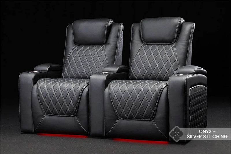 Valencia 2025 New Oslo Ultimate Luxury Leather Home Theater Seating Row of 5 Loveseat Right, Onyx with Silver Stitching