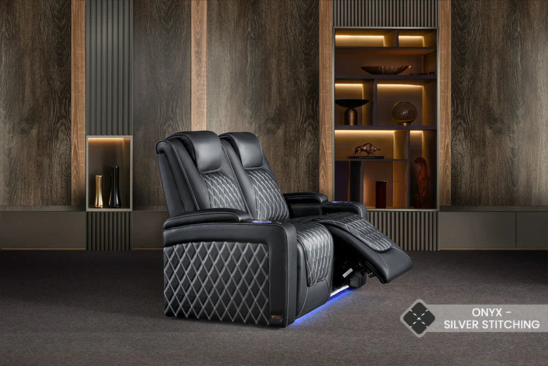Valencia 2025 New Oslo Ultimate Luxury Leather Home Theater Seating Row of 2 Loveseat, Onyx with Silver Stitching