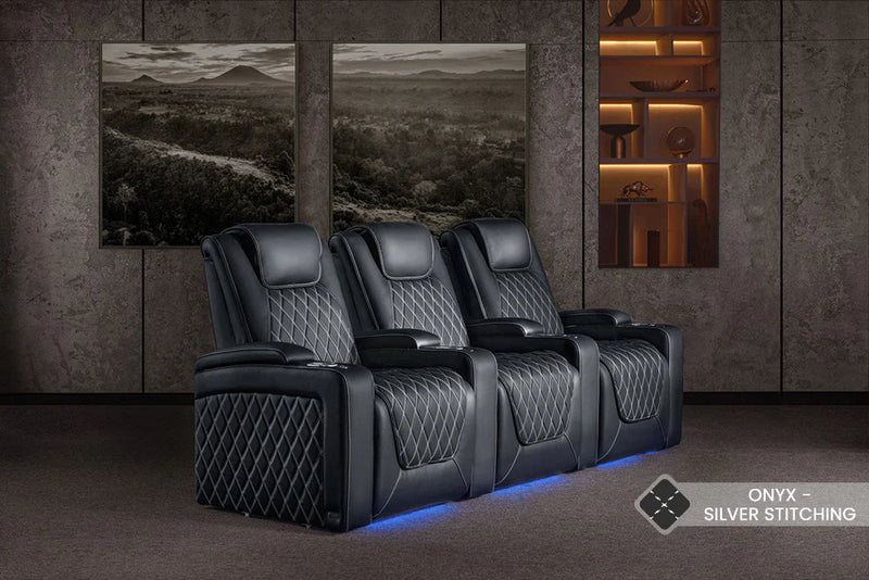 Valencia 2025 New Oslo Ultimate Luxury Leather Home Theater Seating Row of 2 Loveseat, Onyx with Silver Stitching