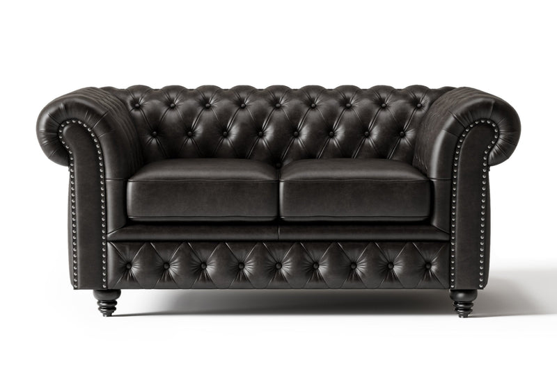 Valencia Parma 64" Full Aniline Leather Chesterfield Loveseat Sofa, Black