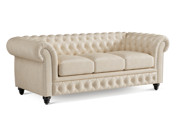 Valencia Parma 82" Full Aniline Leather Chesterfield Three Seats Sofa, Antique White