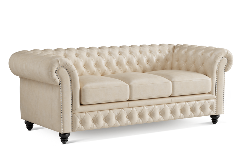 Valencia Parma 82" Full Aniline Leather Chesterfield Three Seats Sofa, Antique White