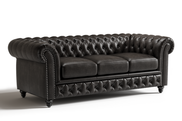 Valencia Parma 82" Full Aniline Leather Chesterfield Three Seats Sofa, Black