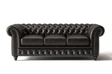 Valencia Parma 82" Full Aniline Leather Chesterfield Three Seats Sofa, Black
