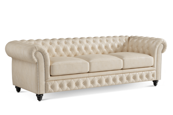 Valencia Parma 92" Full Aniline Leather Chesterfield Three Seats Sofa, Antique White