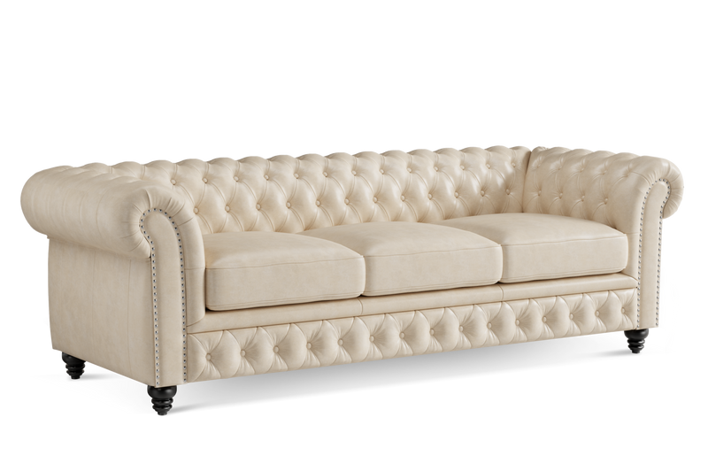Valencia Parma 92" Full Aniline Leather Chesterfield Three Seats Sofa, Antique White