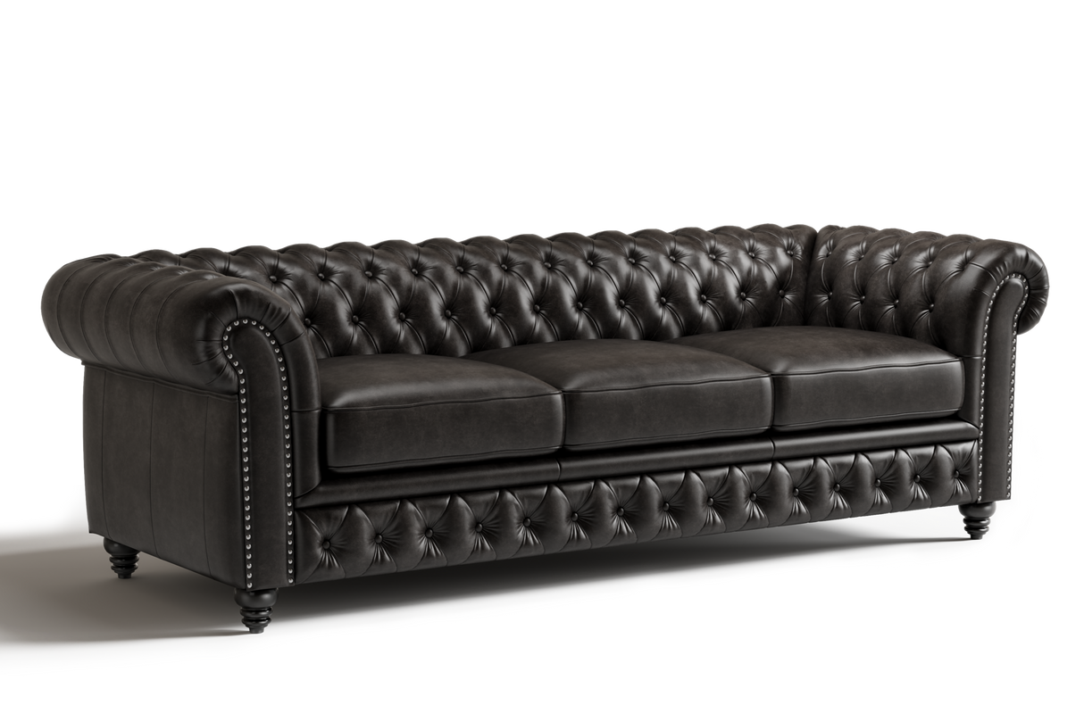 Valencia Parma 92" Full Aniline Leather Chesterfield Three Seats Sofa, Black