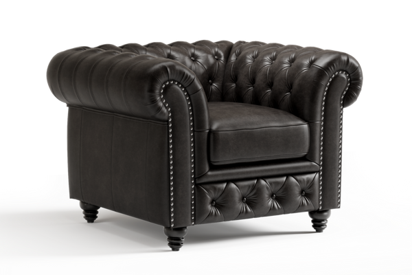 Valencia Parma Full Aniline Leather Chesterfield Single Sofa Accent Chair, Black