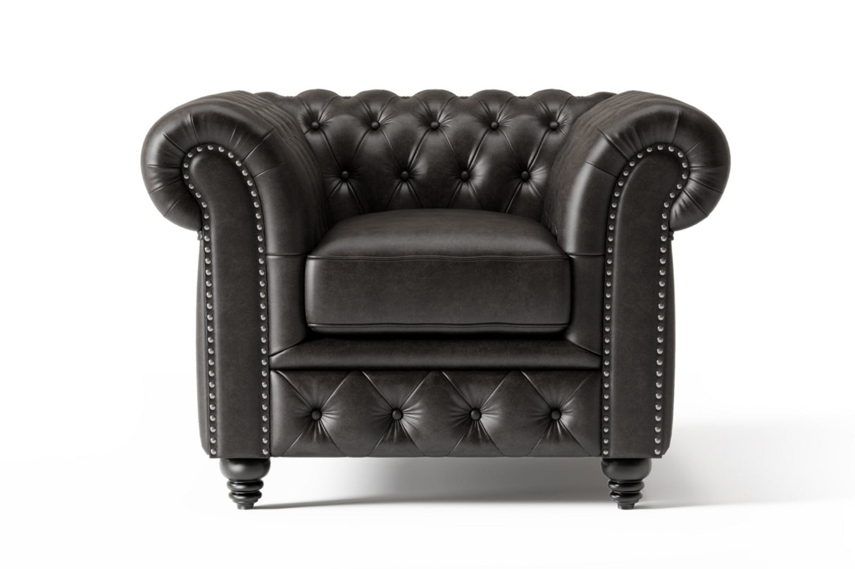 Valencia Parma Full Aniline Leather Chesterfield Single Sofa Accent Chair, Black